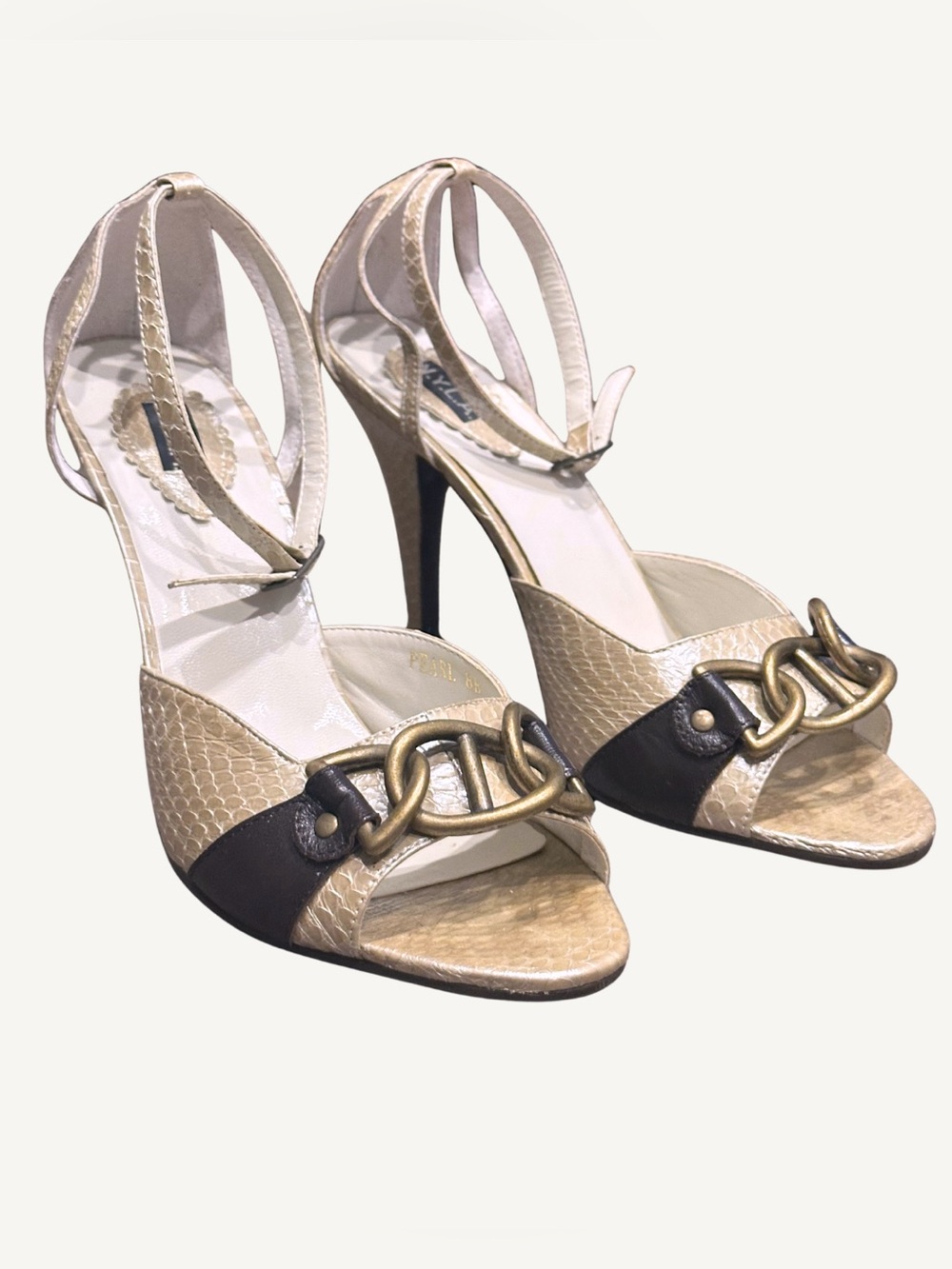 Vintage Snakeskin Embossed Metallic Stiletto Sandals Chain Bit Box